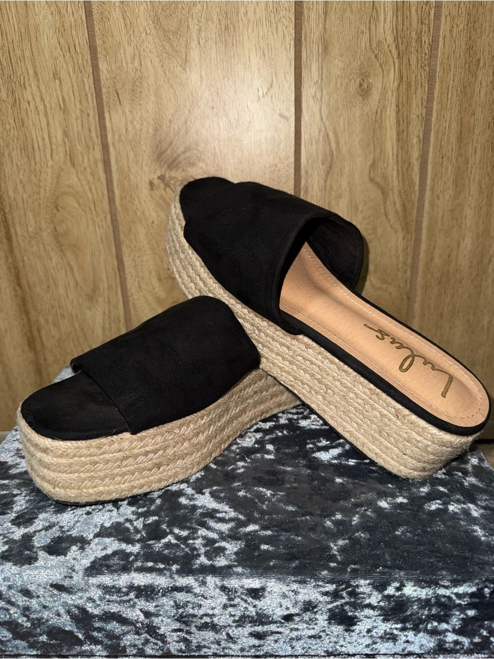 Lulu's Black Espadrille Jute Platform Slide Sandals